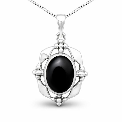Hand crafted sterling silver Whitby Jet fancy oval beaded pendant necklace