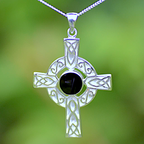 Hand crafted Celtic Whitby Jet crucifix necklace with 925 silver