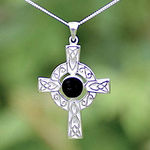Large sterling silver Celtic Whitby Jet cross pendant necklace with round stone