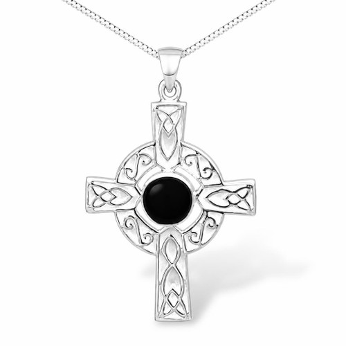 Large sterling silver Celtic Whitby Jet cross pendant necklace with round stone
