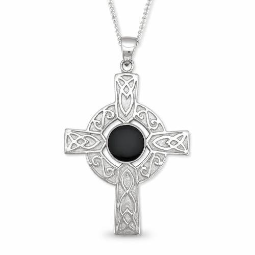 Large sterling silver Celtic Whitby Jet cross pendant necklace with round stone