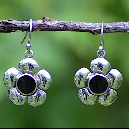 Hand crafted sterling silver and Whitby Jet buttercup drop earrings