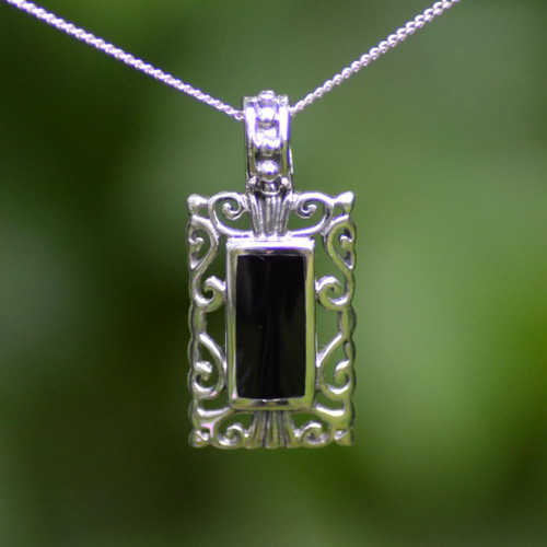 Hand crafted Whitby Jet and sterling silver oblong filigree pendant