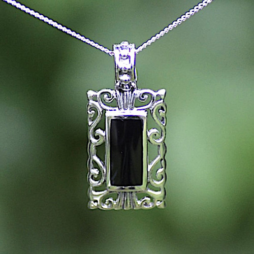 Hand crafted Whitby Jet and sterling silver oblong filigree pendant