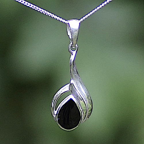 Hand crafted sterling silver necklace with hand carved Whitby Jet teardrop stone