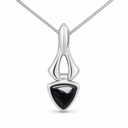 Hand crafted sterling silver pendant necklace with curved triangle Whitby Jet cabochon