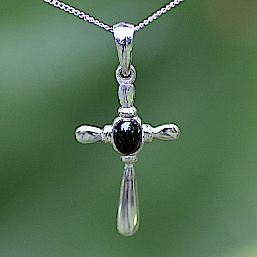 Hand crafted rounded Whitby Jet sterling silver cross pendant necklace