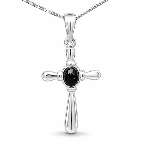 Hand crafted rounded Whitby Jet sterling silver cross pendant necklace