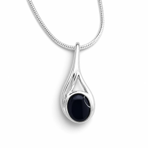 Contemporary asymmetrical sterling silver wishbone necklace with oval Whitby Jet stone