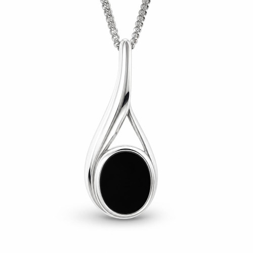 Contemporary asymmetrical sterling silver wishbone necklace with oval Whitby Jet stone