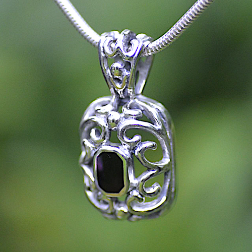 Deep Sterling Silver Whitby Jet Filigree Pendant Necklace 417P