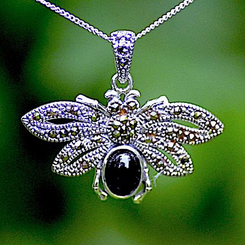Hand crafted large sterling silver moth pendant necklace with Whitby Jet and Marcasite