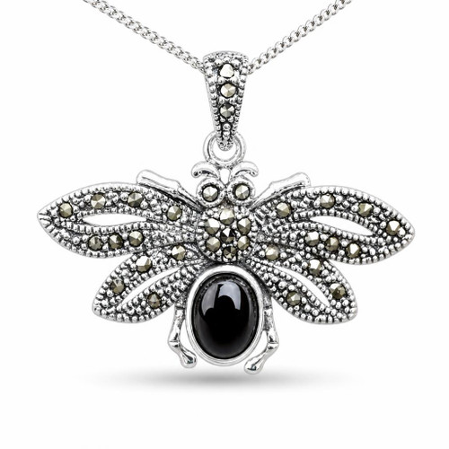 Hand crafted large sterling silver moth pendant necklace with Whitby Jet and Marcasite