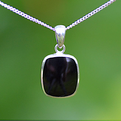 Contemporary Whitby Jet and sterling silver curved oblong pendant