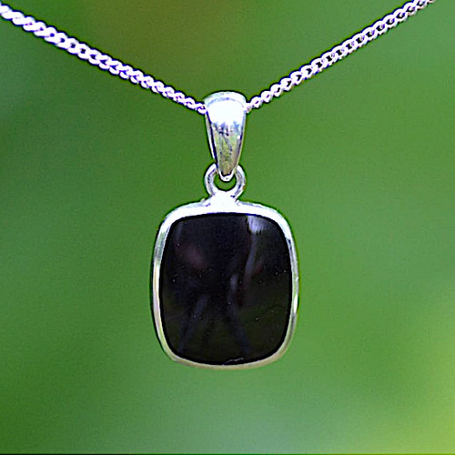 Contemporary Whitby Jet and sterling silver curved oblong pendant necklace