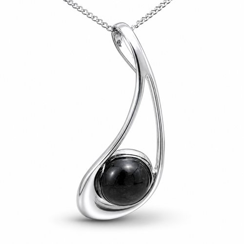 Curved open sterling silver and Whitby Jet modern oval cabochon pendant