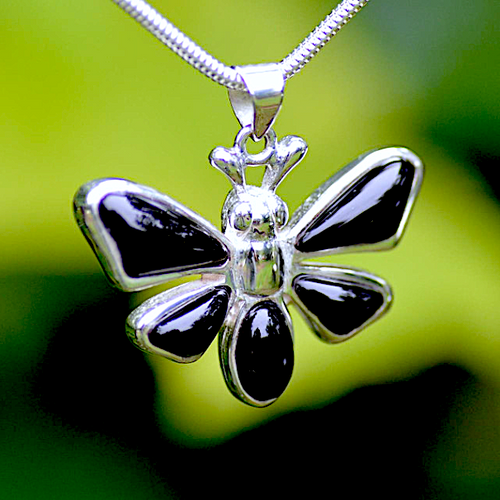 Large Whitby Jet multi stone butterfly pendant with sterling silver thick snake chain