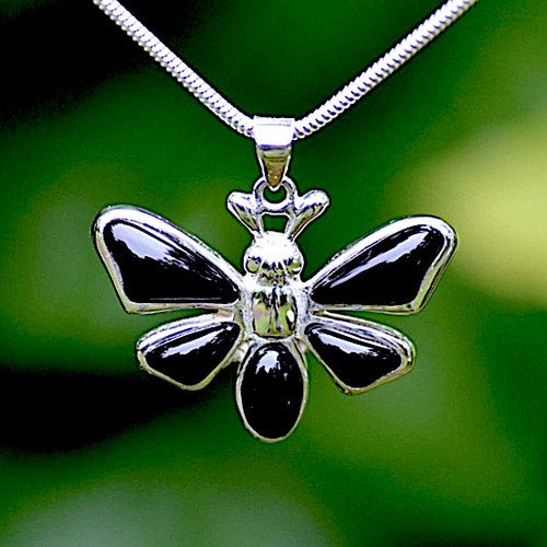 Handmade large butterfly necklace with five hand carved Whitby Jet stones