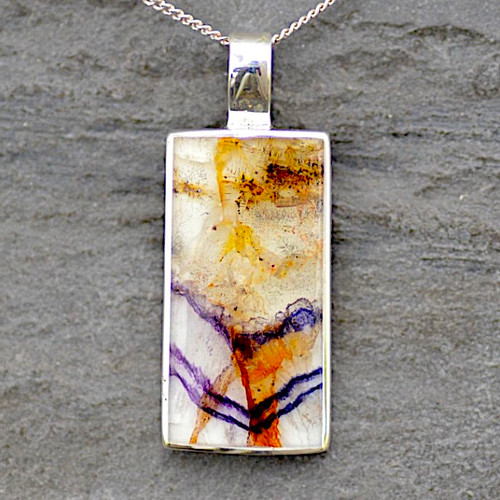 Unique 925 silver and multicoloured Blue John rectangular necklace
