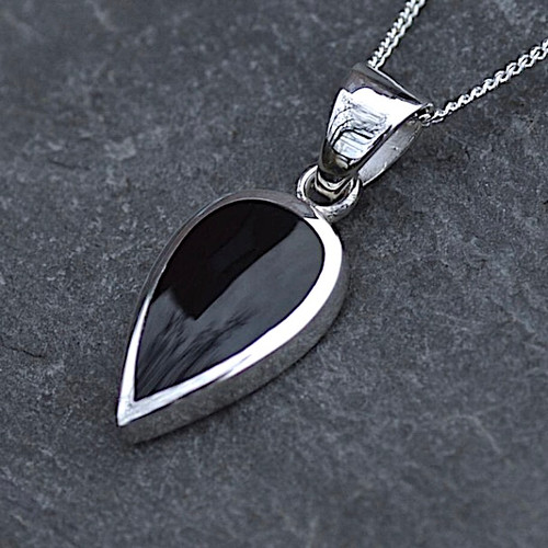 Large Whitby Jet and sterling silver reverse teardrop pendant necklace