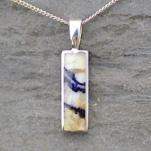 Unique long oblong Derbyshire Blue John and sterling silver pendant in gift box