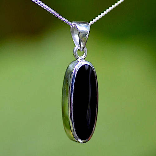 Contemporary long oval 925 silver and Whitby Jet necklace