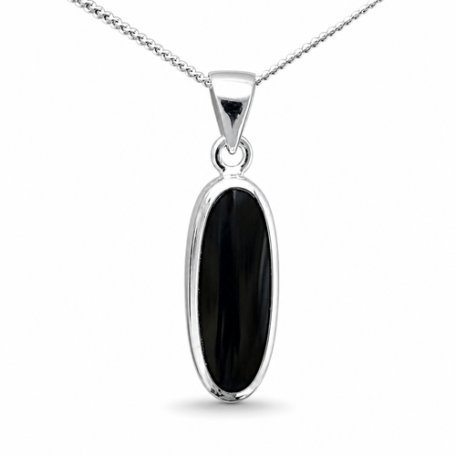 Hand crafted elongated oval Whitby Jet pendant with solid silver reverse