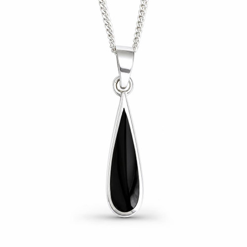 Slim narrow long Whitby Jet teardrop pendant necklace with 925 sterling silver