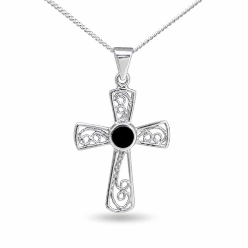 Hand crafted Whitby Jet and 925 sterling silver filigree cross pendant