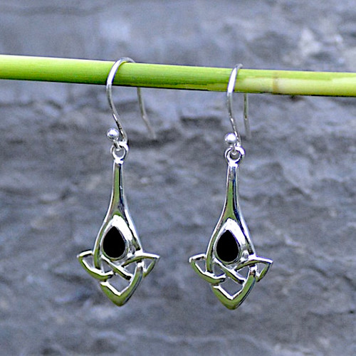 Hand crafted long silver Celtic drop earrings Whitby Jet teardrop stones