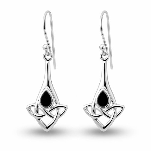 Hand crafted long silver Celtic drop earrings Whitby Jet teardrop stones