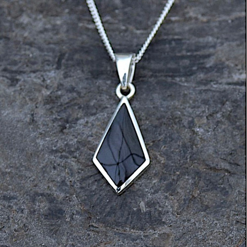 Diamond shaped sterling silver and Whitby Jet pendant necklace