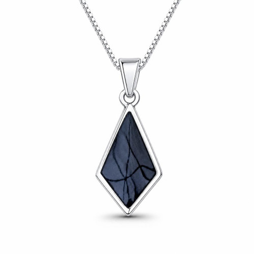 Diamond shaped sterling silver and Whitby Jet pendant necklace