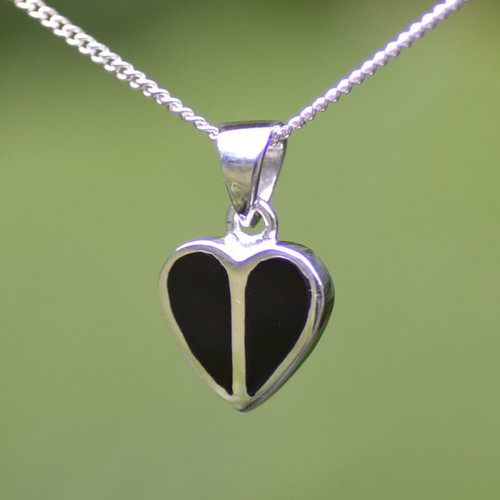 Contemporary Whitby Jet and silver two stone heart necklace