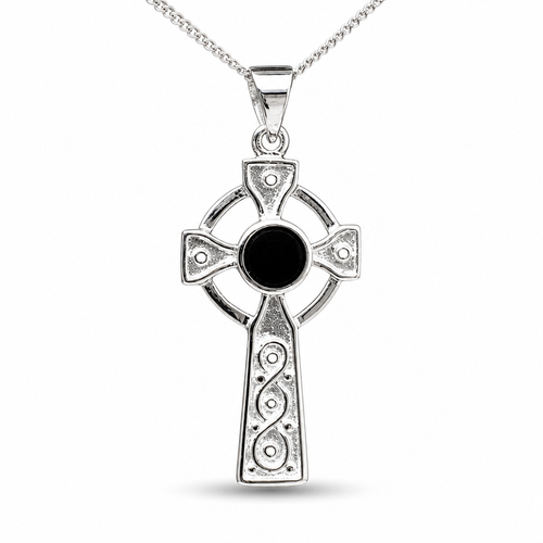 Hand crafted Celtic Whitby Jet and sterling silver Cross pendant necklace