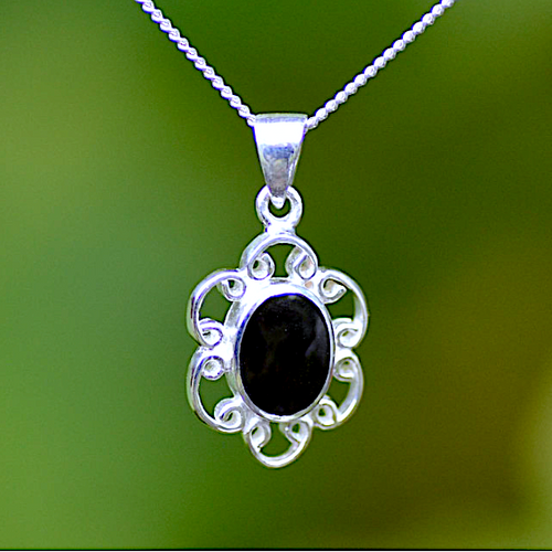 Sterling silver Whitby Jet oval pendant necklace with fancy scroll detailing