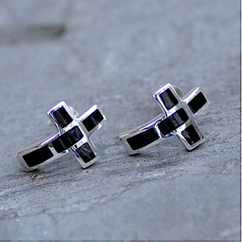 Contemporary hand crafted sterling silver Whitby Jet multi stone cross stud earrings