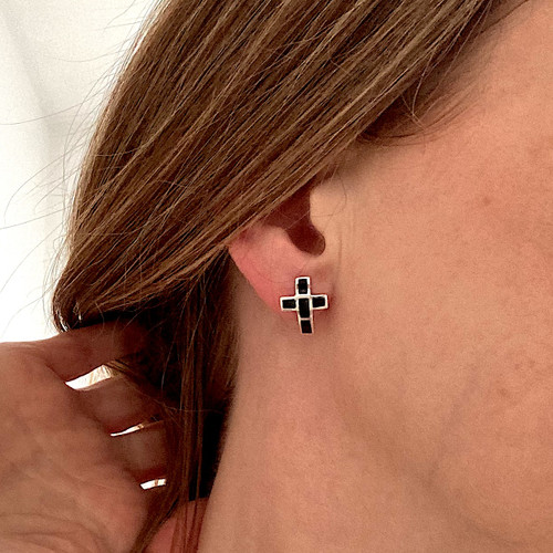 Hand crafted solid silver crucifix ear studs with organic black square gemstones