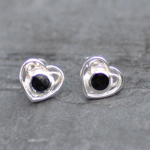 Sterling silver Celtic heart stud earrings with round Whitby Jet stones