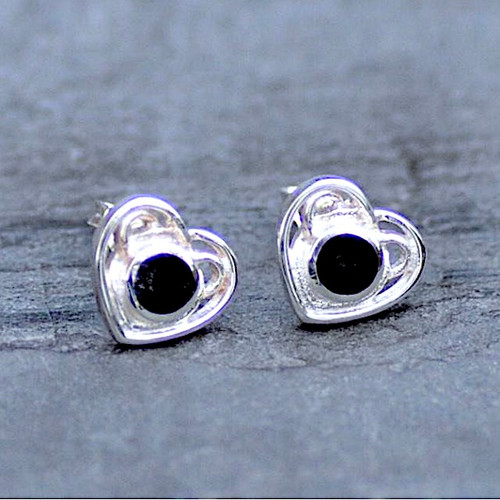 Sterling silver Celtic heart stud earrings with round Whitby Jet stones