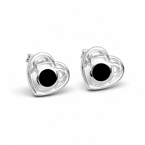 Sterling silver Celtic heart stud earrings with round Whitby Jet stones
