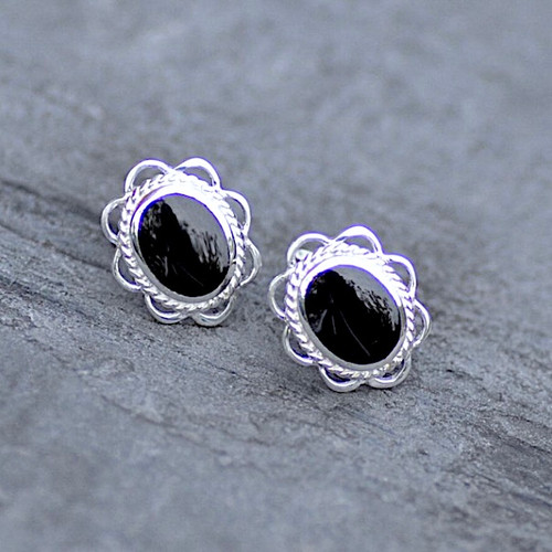 Hand crafted large oval sterling silver and Whitby Jet rope and frill stud earrings