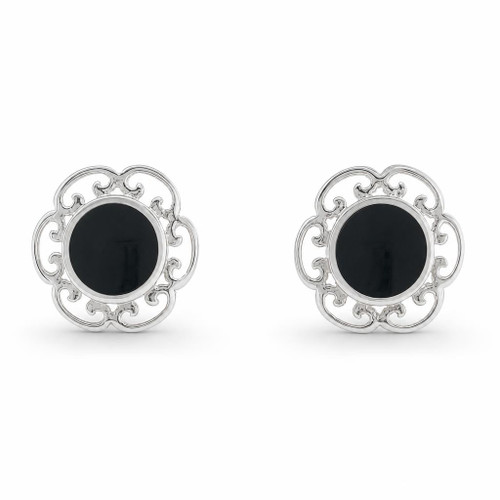 Hand crafted large sterling silver and Whitby Jet scroll edge stud earrings