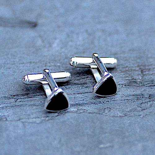 Hand crafted 925 silver curved triangular swivel bar cufflinks with organic black stones
