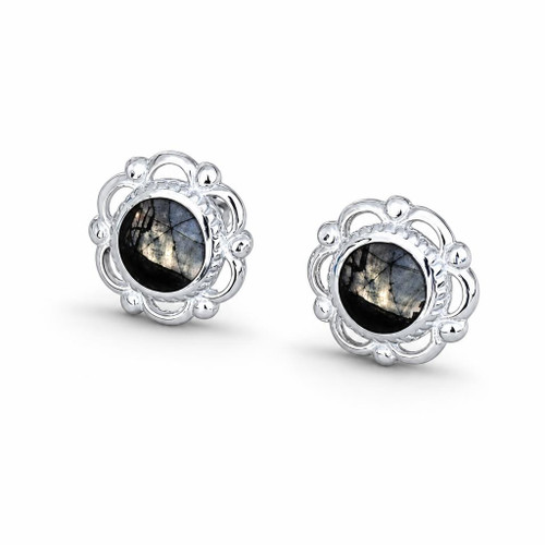 Large round sterling silver and Whitby Jet stud earrings with rope frill bead edge