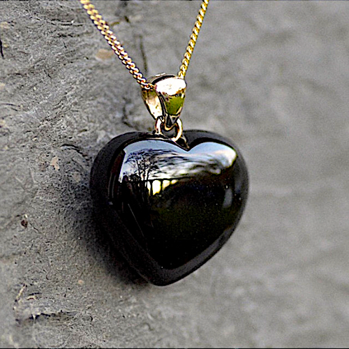Large hand carved Whitby Jet puff heart pendant with 9ct yellow gold chain