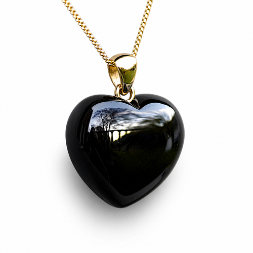 Large hand carved Whitby Jet puff heart pendant with 9ct yellow gold chain