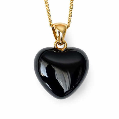 Large hand carved Whitby Jet puff heart pendant with 9ct yellow gold chain