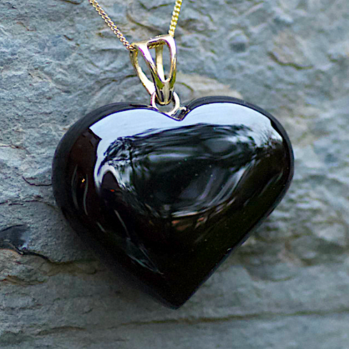 Handmade Extra large Whitby Jet heart necklace with 9ct gold