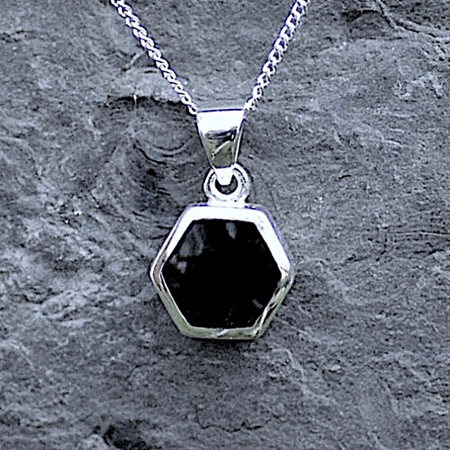 Sterling silver Whitby Jet deep hexagon pendant with solid silver reverse